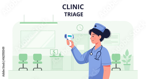 Health Assessment At Medical Triage In Clinic With Infrared Thermometer