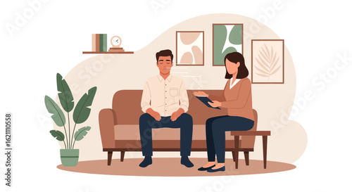 Illustration Of Man In Therapy Session Seeking Counseling And Mental Wellness