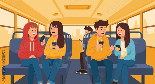 Illustration of people on a bus using smartphones and interacting with each other