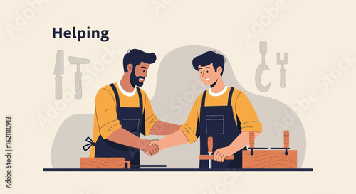Illustration of two carpenters shaking hands symbolizing collaboration and teamwork success in woodworking carpentry crafts