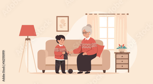 Grandmother teaching her grandson how to knit a cozy scene filled with love and patience