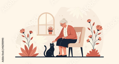 Grandmother's Affection Senior Woman Bonding with Black Cat in Cozy Home Setting