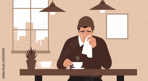 Grief And Loneliness Man Expressing Sadness While Drinking Coffee Indoors