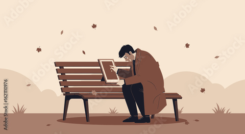 Grief And Loss Concept Of A Man Mourning Over A Photograph On A Bench