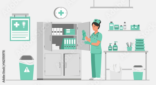 Healthcare Professional Prepares Protective Gear in Clinic Storage Room