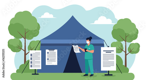 Healthcare Worker Conducting Tests Outside Tent Facility Amidst Pandemic Times