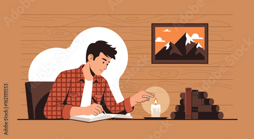 Illustrative depiction of a man writing by candlelight in a cozy cabin setting showing focus and creativity