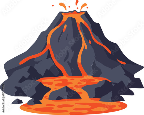 Volcano erupting with flowing lava and smoke illustration in bright orange and dark grey vector design