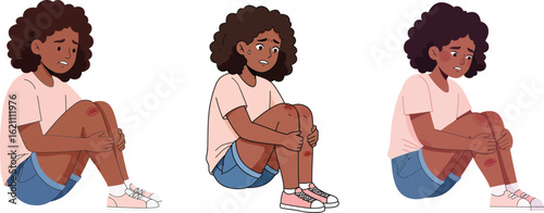 Sad girl sitting hugging knees with anxious expression vector illustration in casual clothes