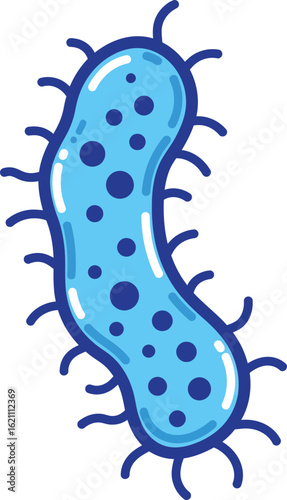 Blue bacterium cell with flagella and spots detailed vector illustration for biology and science design usage