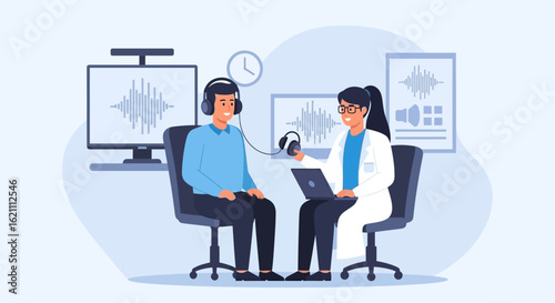 Hearing Examination For Accurate Diagnosis Doctor Analyzing Audiogram Patient Health
