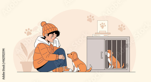 Heartbroken Boy Consoling With Companion During Animal Shelter Goodbye Scene