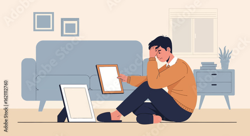 Heartbroken man remembering lost love looking at picture frames in the living room feeling nostalgic and sad over memories