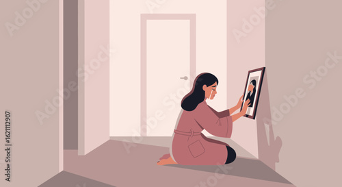 Heartbroken woman kneeling, caressing a photo frame, lost in memories and deep sorrow conveying grief and emotional distress