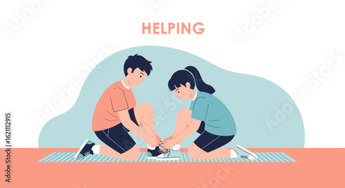 Illustrative scene of a young man assisting a girl in tying her shoelaces symbolizing support and kindness