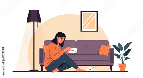 Heartbroken woman reading a letter at home illustration representing sadness and solitude