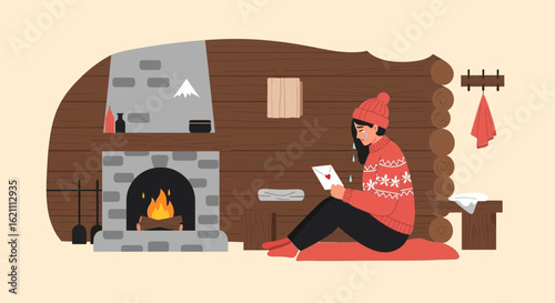 Heartbroken woman reading a letter by the fireplace in cozy cabin illustration