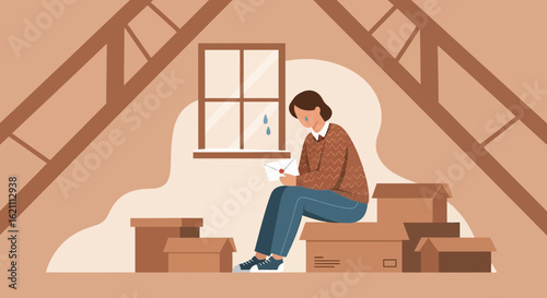 Heartbroken woman reading a letter in the attic, overwhelmed with emotions and melancholic thoughts in a personal space