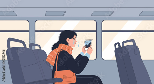 Heartbroken woman traveling alone on the train looking at a photograph while crying