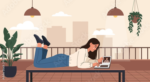 Heartbroken Woman Watching a Photo On Her Laptop While Lying Outside