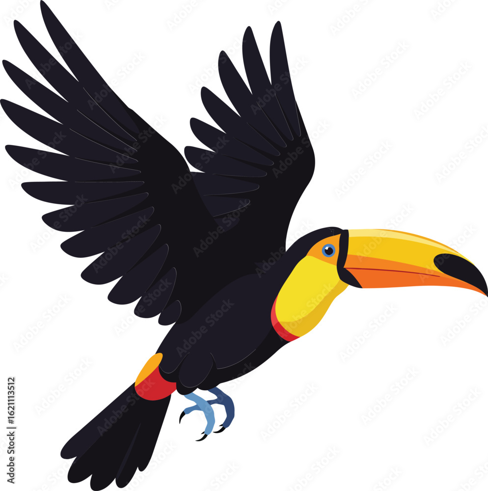 Obraz premium Toucan bird flying with wide black wings and large colorful beak vector illustration in white background