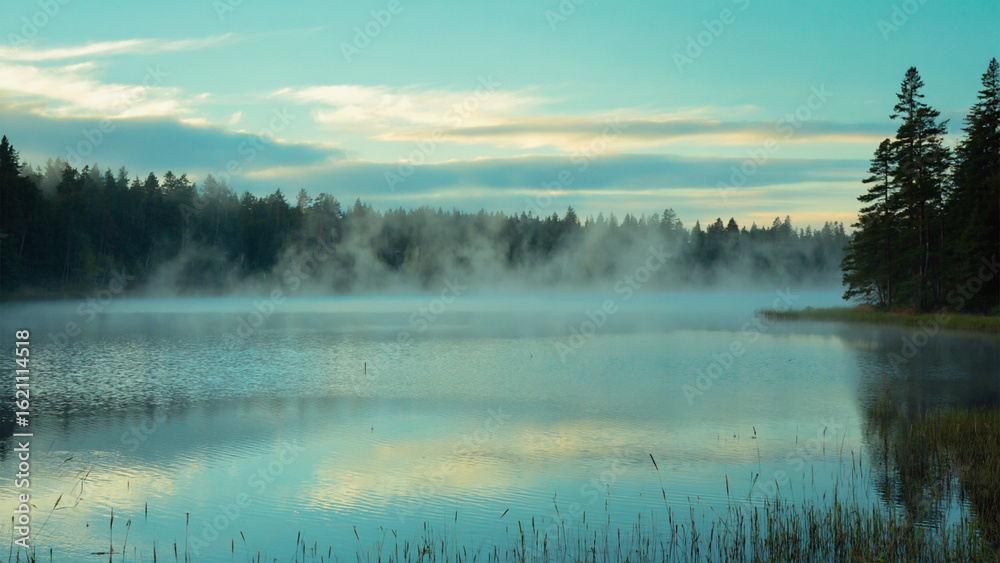 Fototapeta premium Mist hovering above still forest lake, soft aqua color palette and light cloud cover