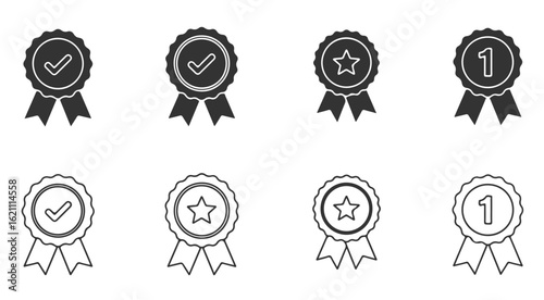 Award badges and victory rosette symbols. Collection of achievement seals with prize ribbons, checkmarks, and stars for certificates and awards.


