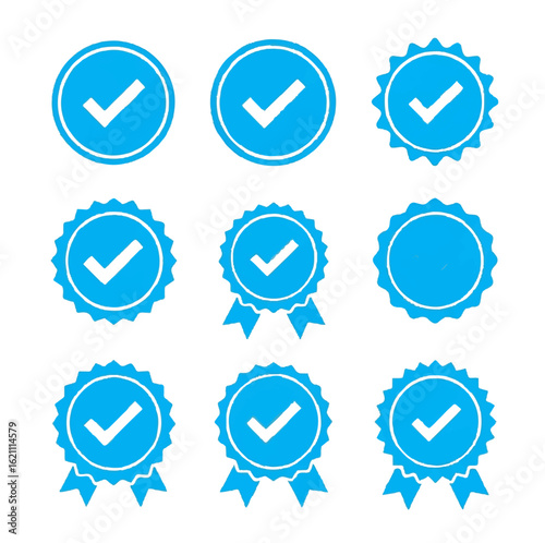 Verified blue checkmark badge icon set. Social media profile verification symbols for authentic and official accounts.

