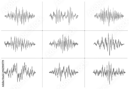 Collection of abstract wave patterns. Modern monochrome graphic elements with oscillating lines for futuristic backgrounds and minimalist technology design.

