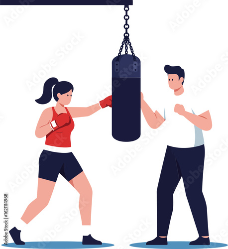 Woman boxing training with male coach hitting punching bag for fitness exercise workout