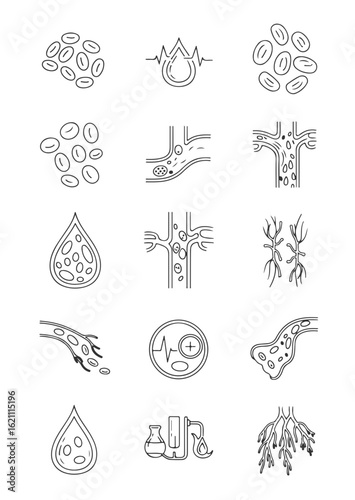 Medical line icon set for hematology and cardiology. Vector symbols of blood circulation, red blood cells, artery plaque, and blood transfusion.

