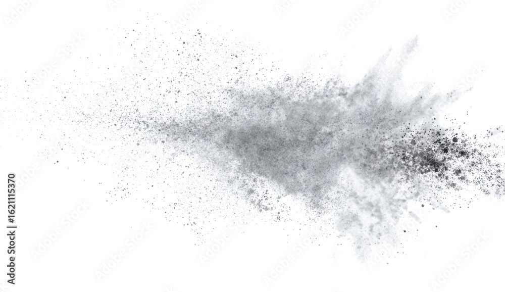 Obraz premium White gray dust powder explosion transparent PNG, isolated background. Dynamic blast eruption, monochrome color effect 