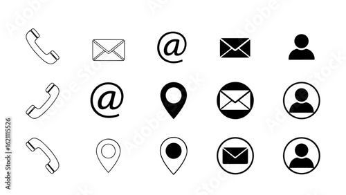 Business contact icon set. Vector collection of web communication symbols including phone, email, address, and user profile for websites and business cards.

