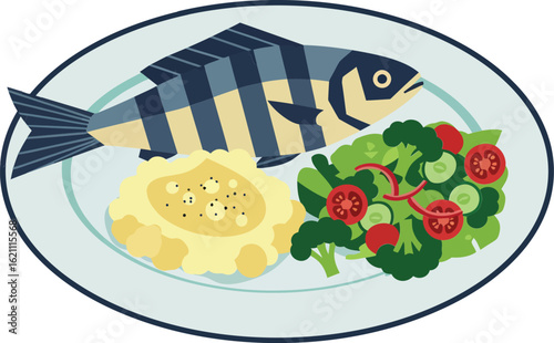 Grilled fish with mashed potatoes and fresh salad healthy homemade meal vector illustration