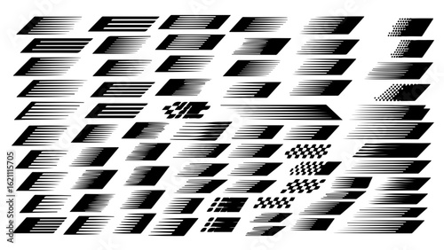 Mega pack of futuristic abstract motion elements. A large collection of modern technology graphics with digital glitch, speed lines, and fade effects.


