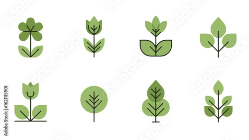  Vector collection of minimalist green botanical symbols for nature and eco logos.
