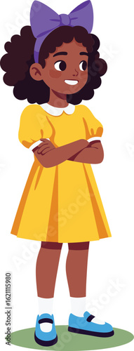 Little girl in yellow dress with purple bow standing smiling vector illustration of confident child