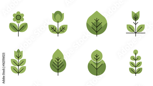 Modern flat line art plant illustration set. Collection of simple green foliage, flower, and leaf vector graphic elements isolated on white.

