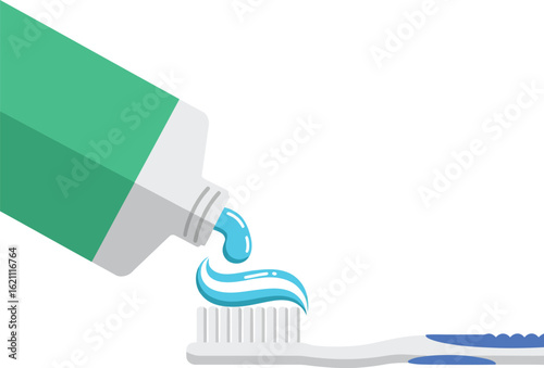 Toothpaste tube squeezing blue paste onto toothbrush bristles personal dental care hygiene illustration vector