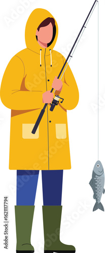 Fisherman wearing yellow raincoat holding fishing rod with caught fish isolated vector illustration