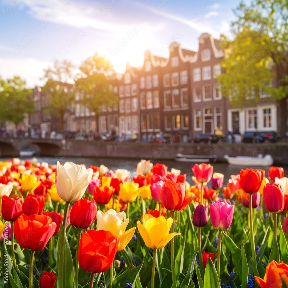 Fototapeta premium Colorful tulips by a canal
