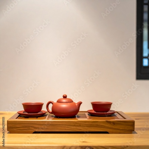 Wallpaper Mural Elegant Red Ceramic Teapot and Cups on Wooden Tray in Bright Indoor Setting Torontodigital.ca