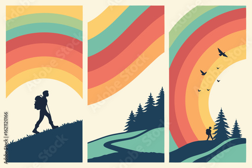 Retro Hiking Adventure Illustration Set with Rainbows Trees and Silhouettes