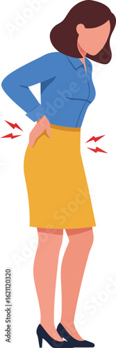 Woman experiencing lower back pain standing in yellow skirt and blue blouse vector illustration