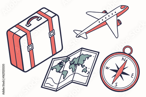 Travel Essentials Doodle Suitcase Airplane World Map and Compass Illustration