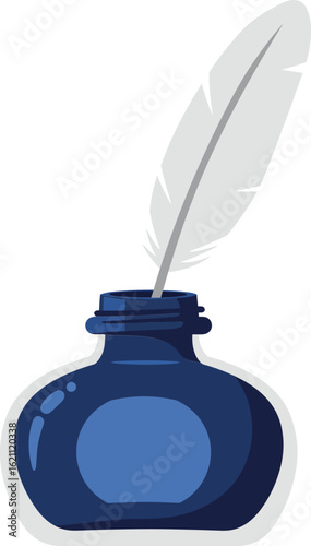 Blue ink bottle with white feather pen writing tool vintage style isolated on white background vector design