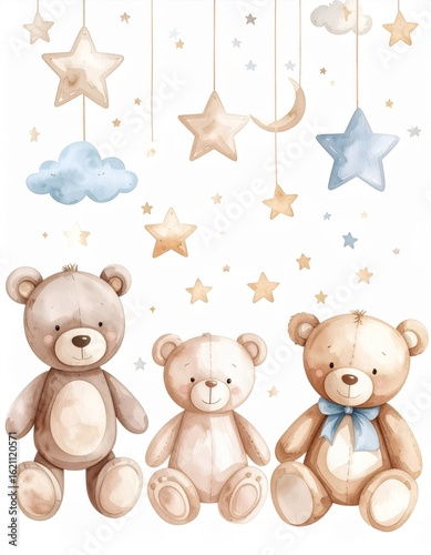Watercolor Illustration of Three Teddy Bears Stars Moon and Cloud Decorations