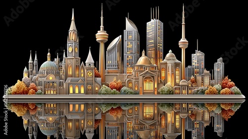 Illuminated city skyline architectural composition artwork high resolution picture