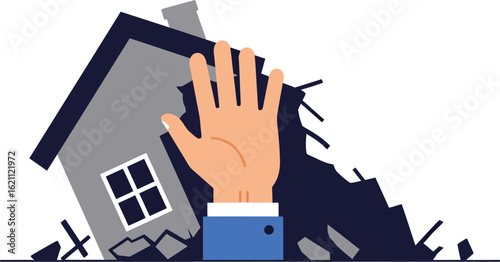 Hand Emerging from Rubble of Collapsed House Representing Disaster Rescue and Emergency Response Efforts Vector Illustration