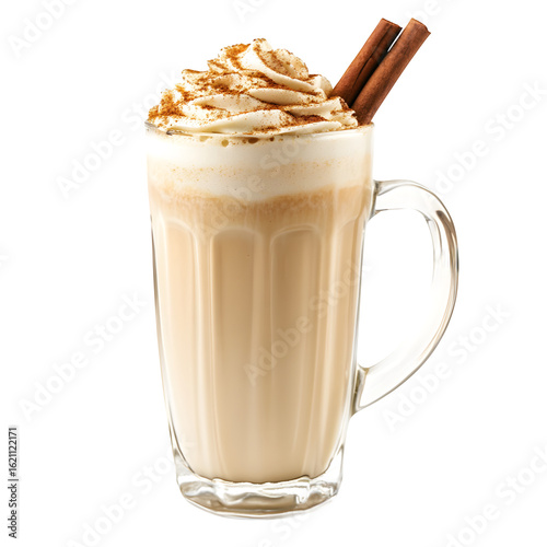 iced chai latte in a tall glass mug, with spice dusted foam and cinnamon stick on top, isolated on white